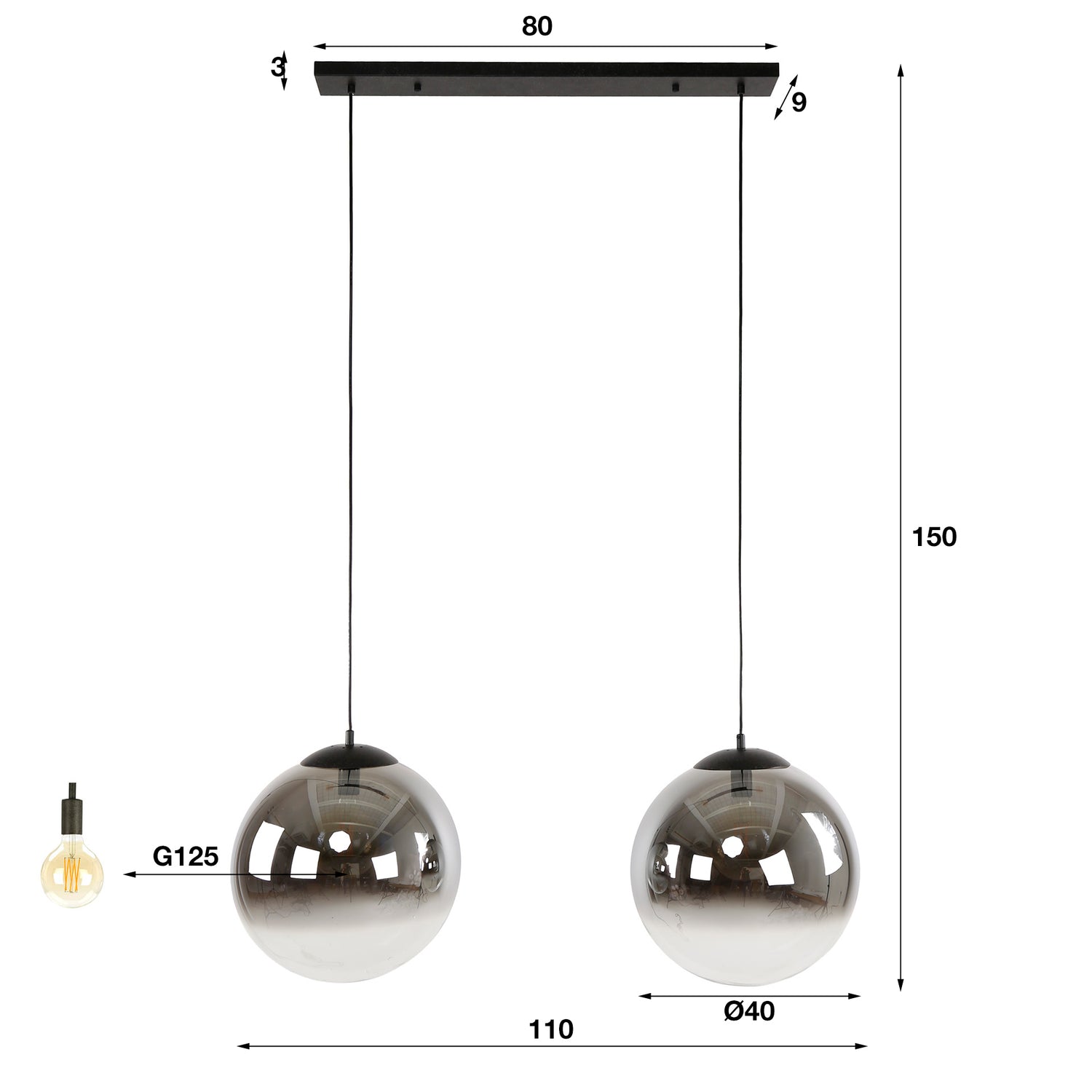 Hanglamp met 2 Lampen Bubble Shaded XL - 110x40x150 cm - Artic Zwart