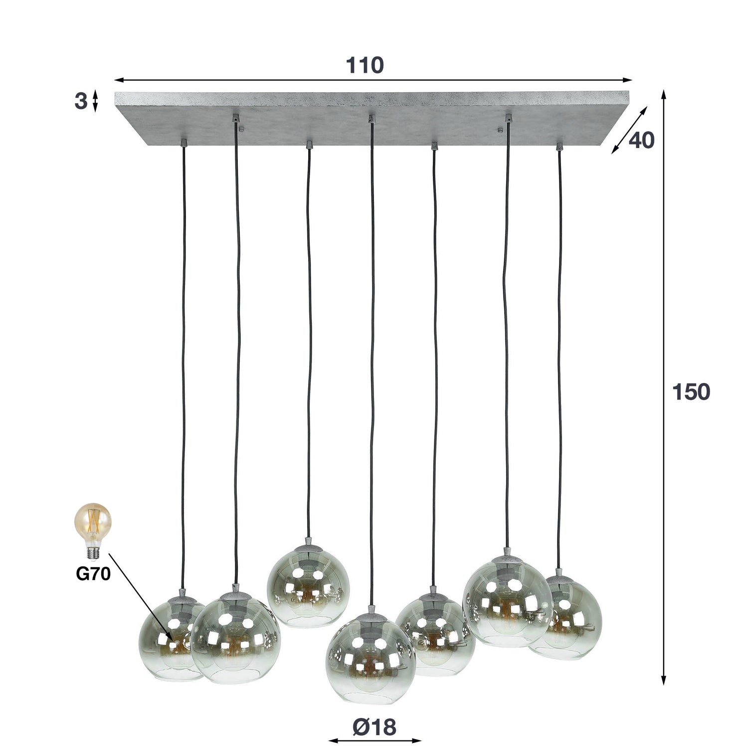 Hanglamp met 7 Lampen Bubble Shaded - 40x110x150 cm - Oud Zilver