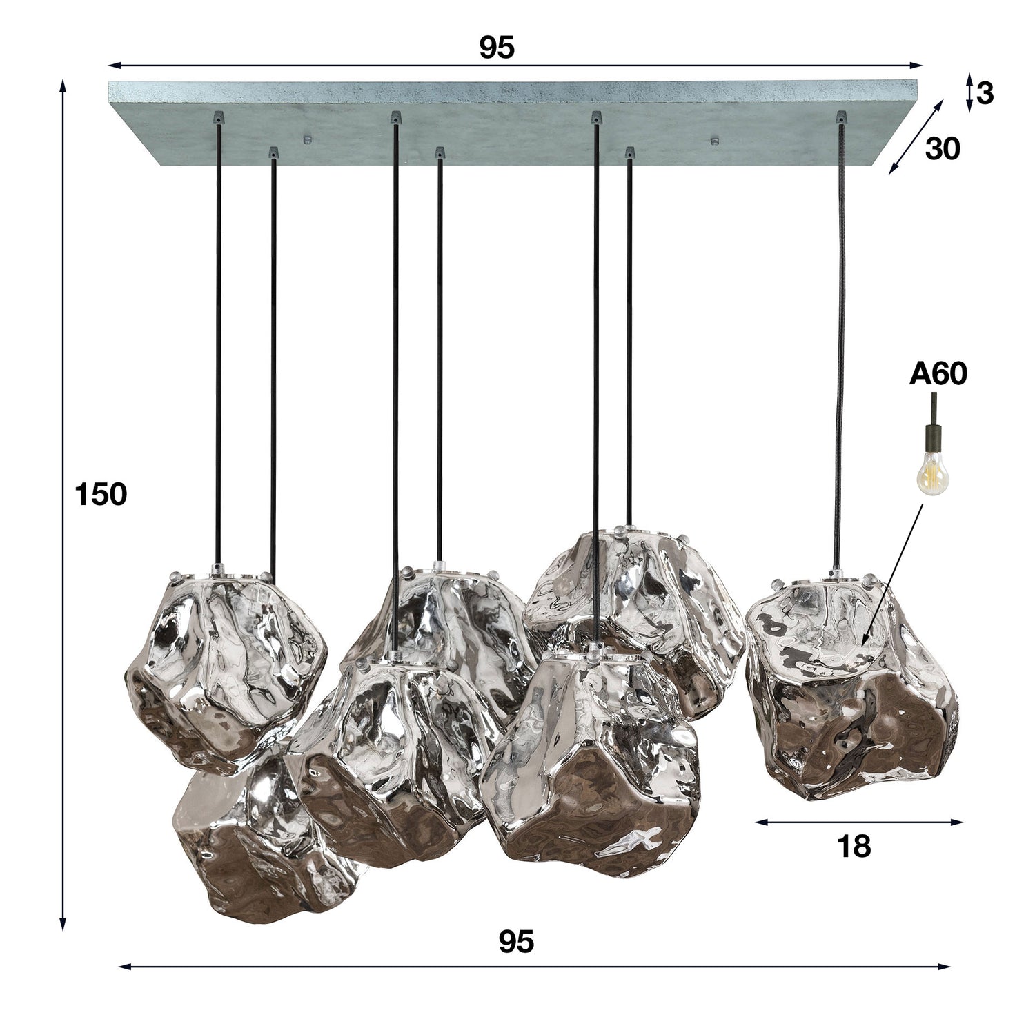 Hanglamp met 7 Lampen Rock - 95x44x150 cm - Chromed - Glas