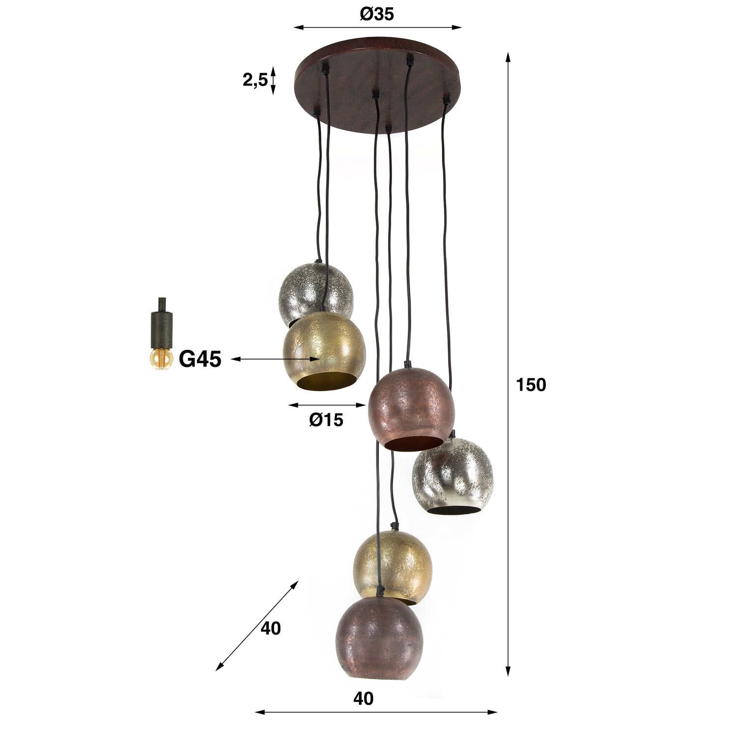 Hanglamp met 6 Lampen Bol Getrapt Metal Print - 40x40x150 cm - Mat Nikkel Mix Color