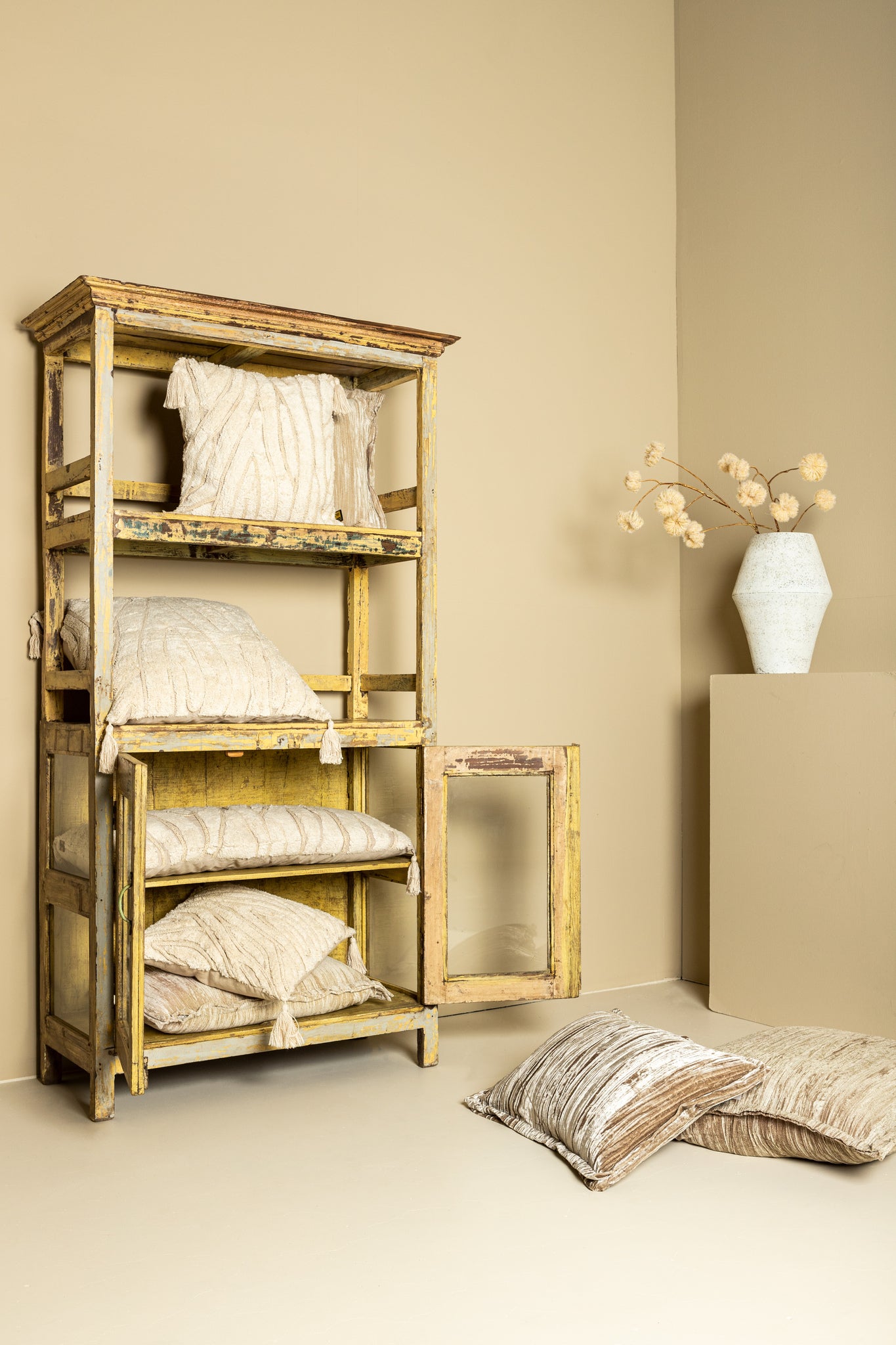 Senny Beige Velvet Cushion Ruffle Rim Square L