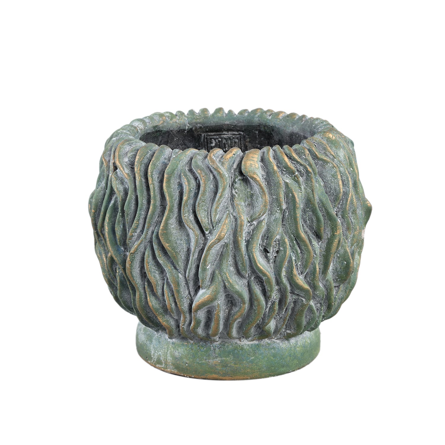 Brendan Green Cement Round Pot Carved Gold FinishL