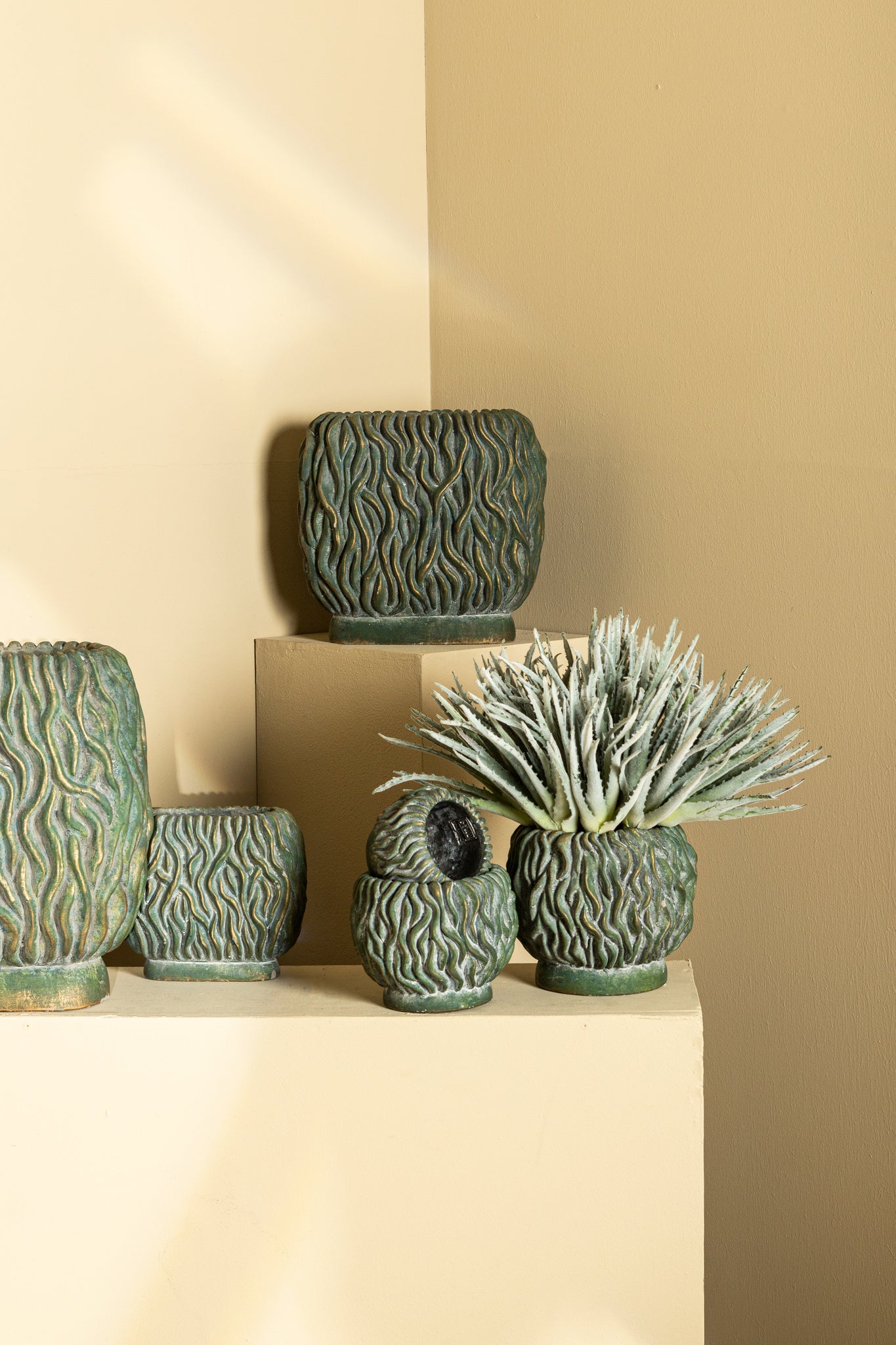 Brendan Green Cement Round Pot Carved Gold FinishL