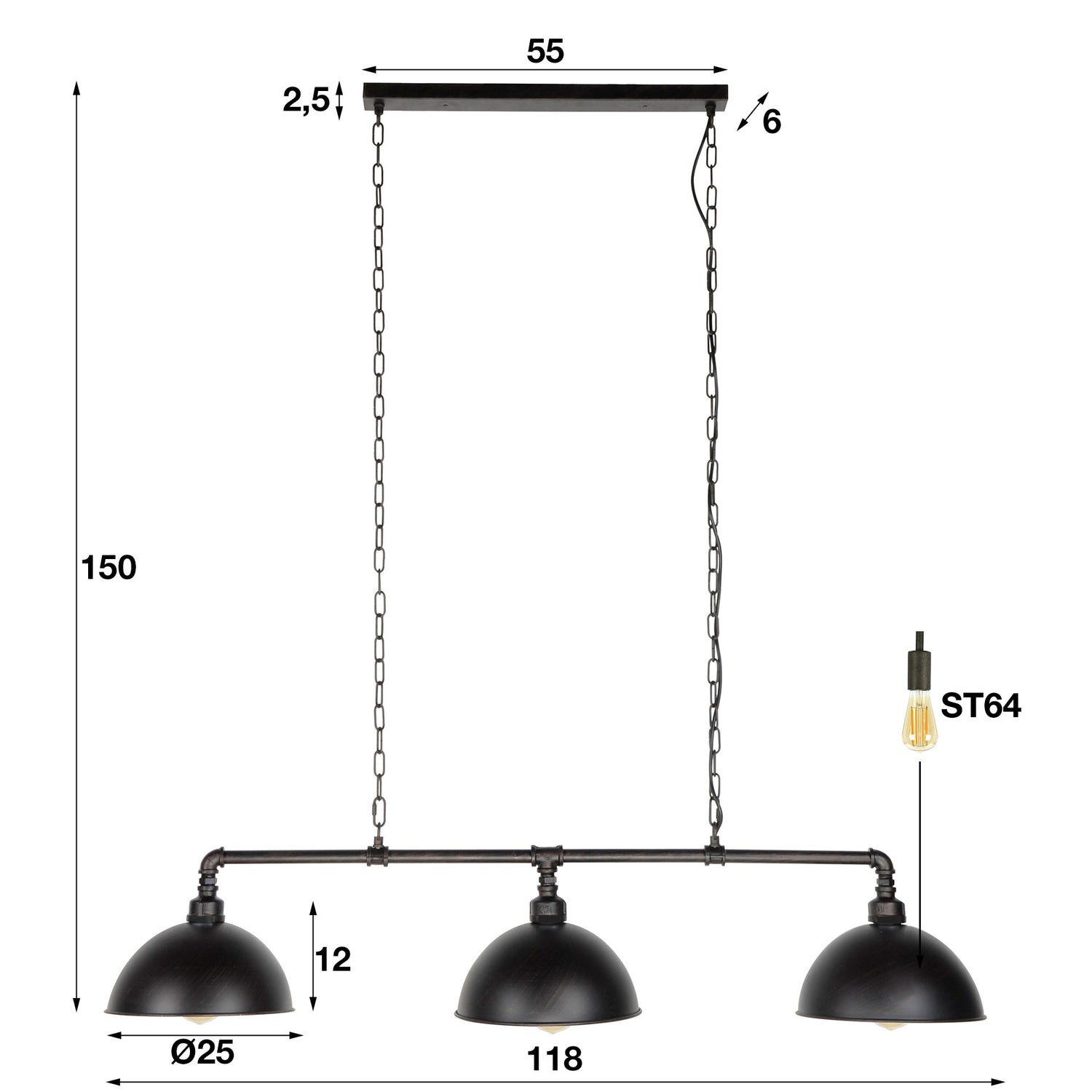 Hanglamp met 3 Lampen Halfronde Kap Industrial Tube - 118x25x150 cm - Zwart