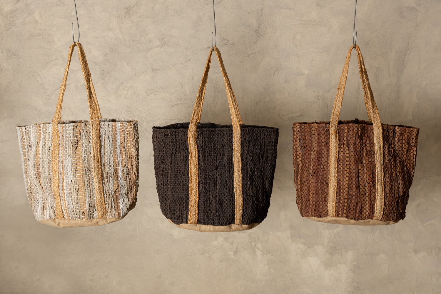 Cherree Beige Jute Leather Round Basket Handles