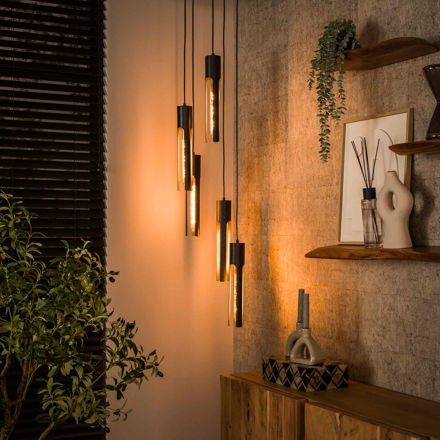 Hanglamp met 5 lampen getrapt tube - 30x30x180 cm - Artic Zwart