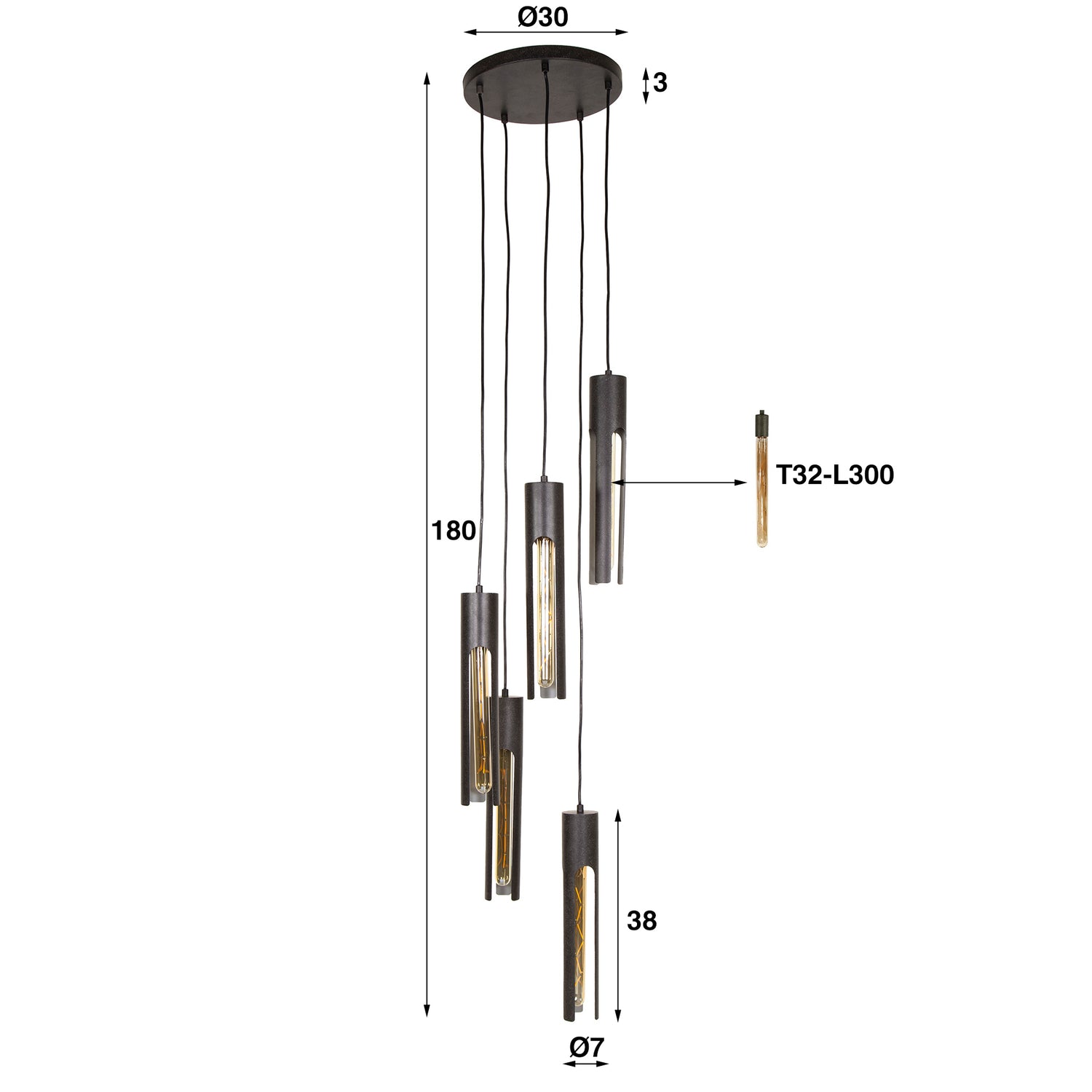 Hanglamp met 5 lampen getrapt tube - 30x30x180 cm - Artic Zwart