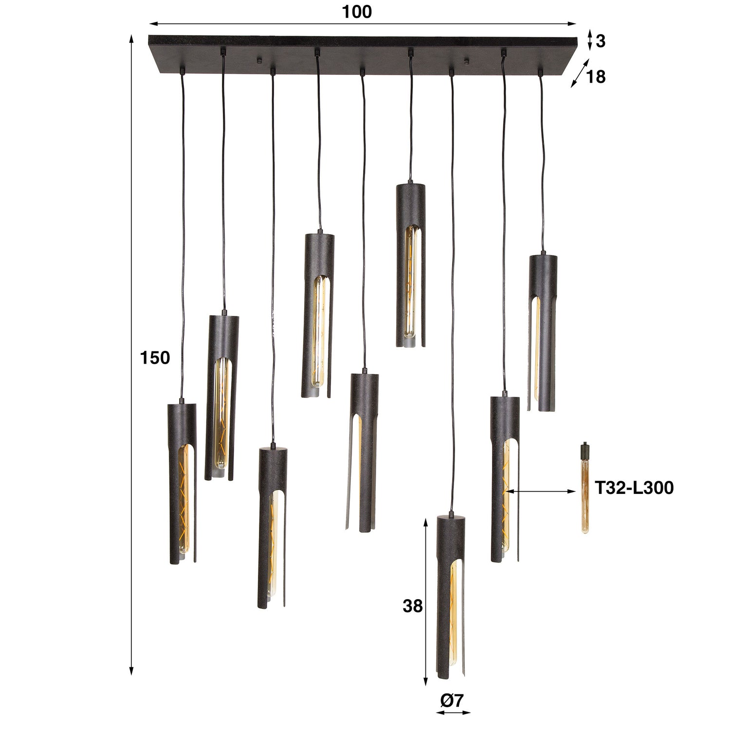 Hanglamp met 9 Lampen Tube - 100x18x150 cm - Artic - Zwart
