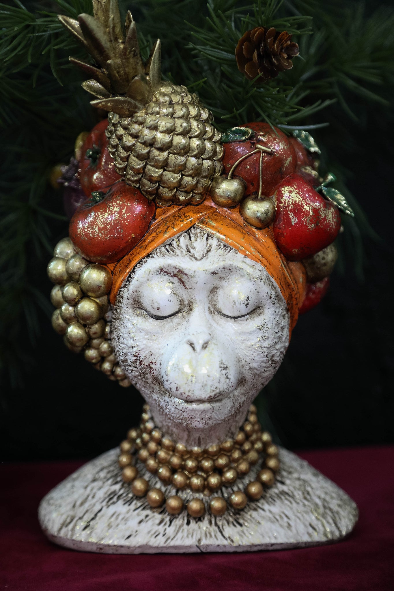Kaliesa White Poly Monkey Statue With Fruits Round