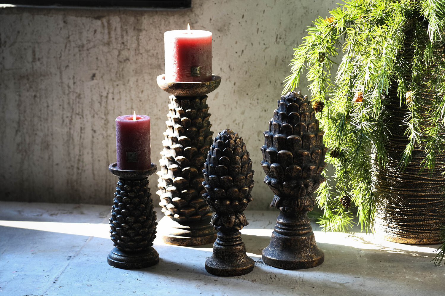 Khaya Black Cement Pinecone Candleholder L