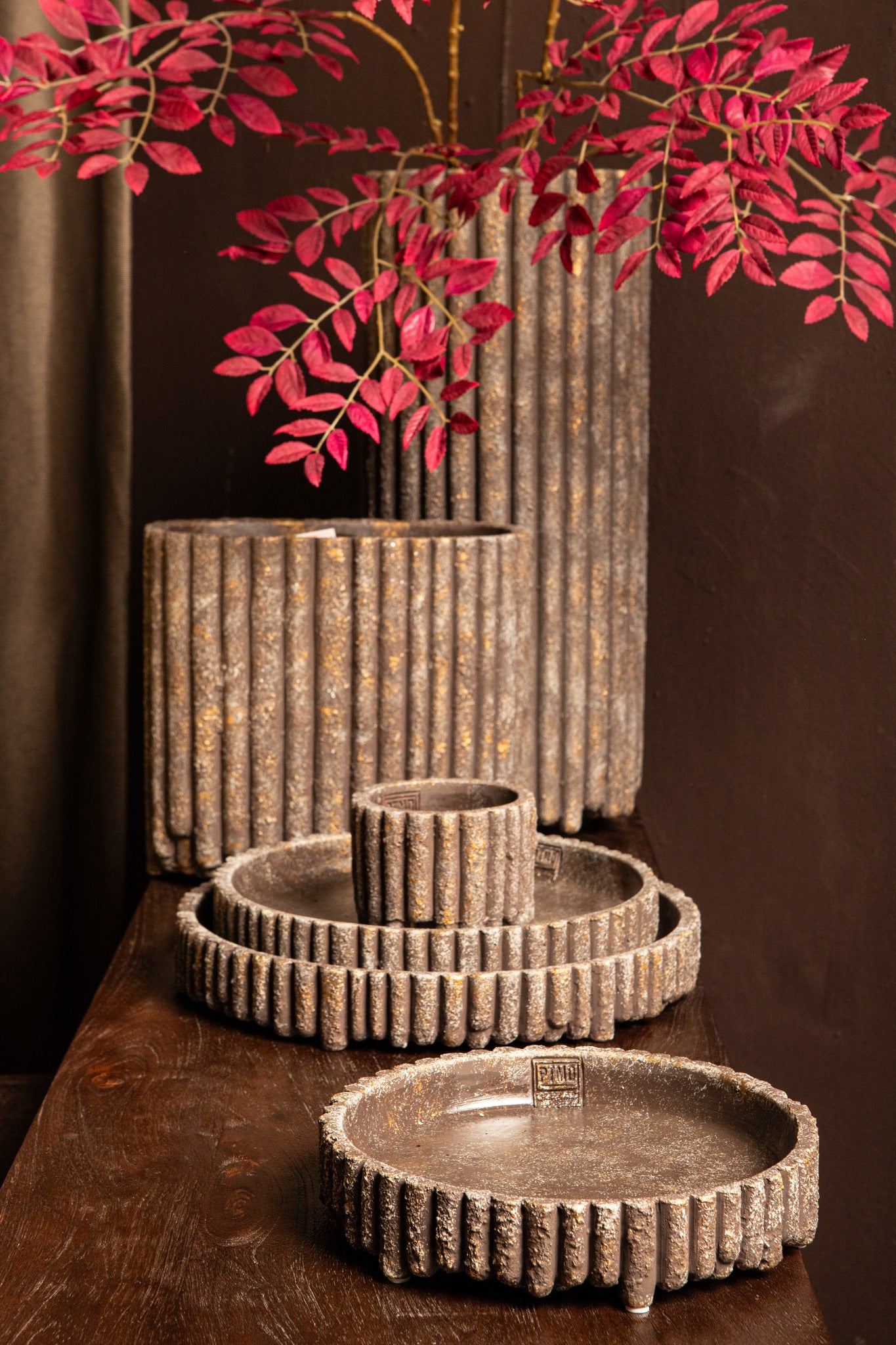 Morganne Brown Oval Cement Pot Ribbed Lines M