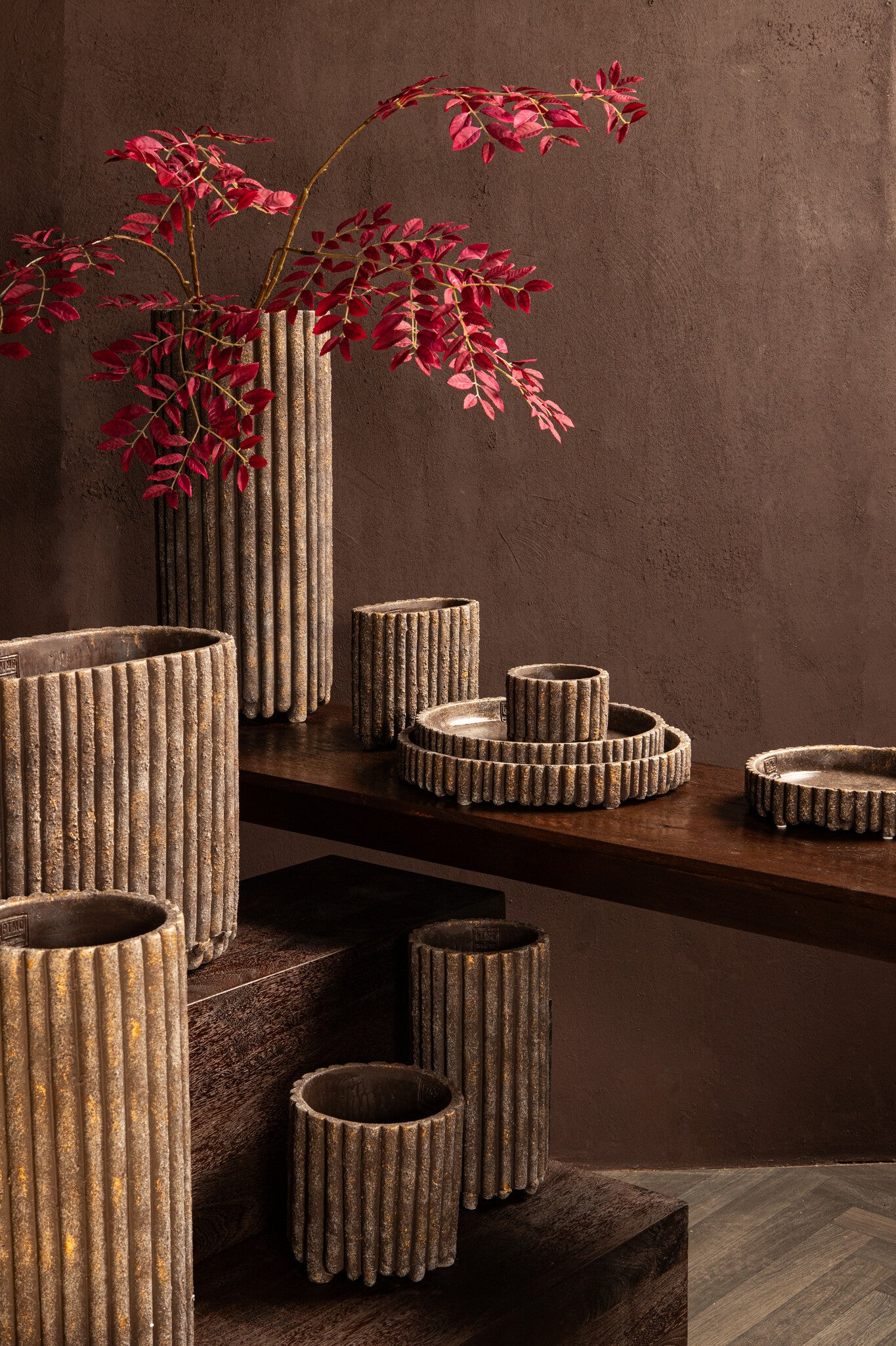 Morganne Brown Oval Cement Pot Ribbed Lines L