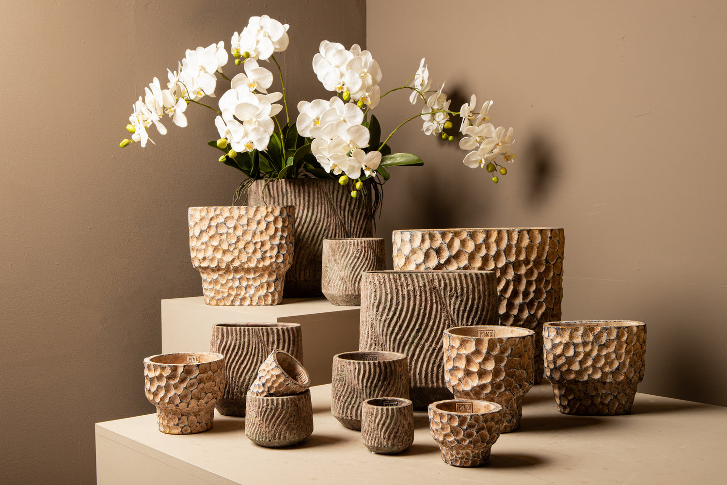Diesel Grey Oval Cement Pot Wavy Lines Rough M