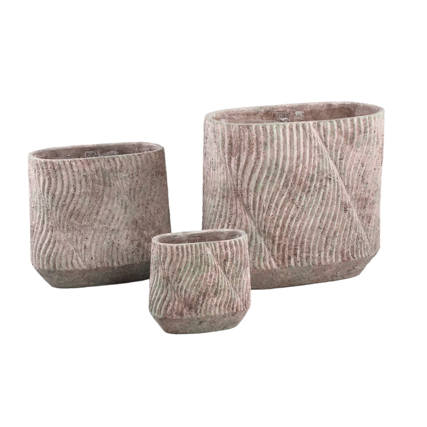 Diesel Grey Oval Cement Pot Wavy Lines Rough M