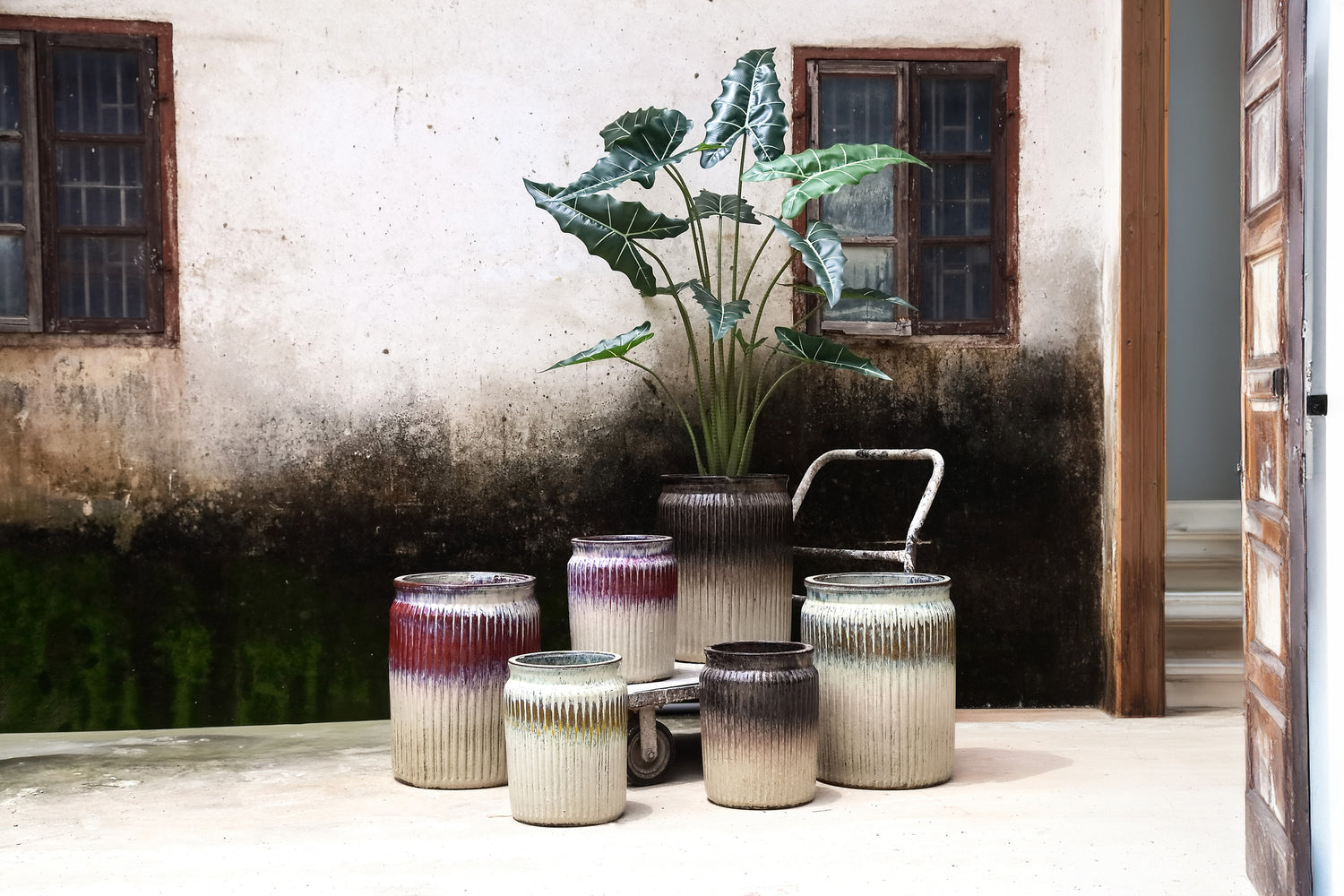 Alicen Yellow Ceramic Ribbed Round Pot Set Of 2