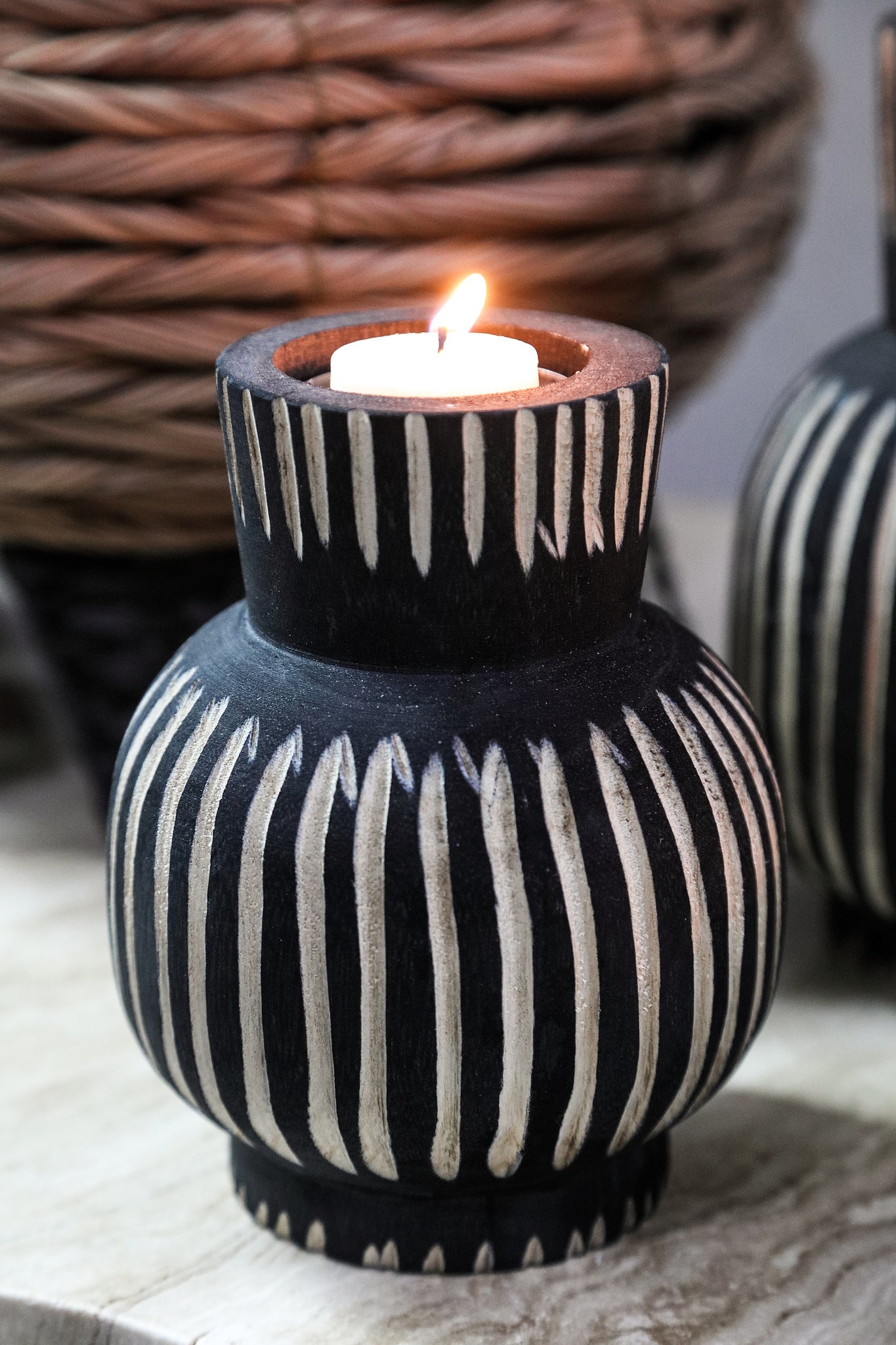 Jordhan Black Natural Wood Candleholder Round High