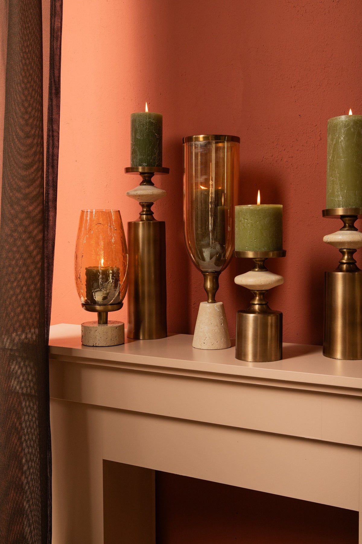 Nikolaos Brass Candleholder Travertine Round S