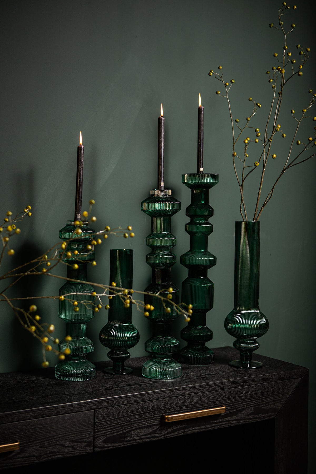 Galinda Dark Green Ribbed Glass Candle Holder L