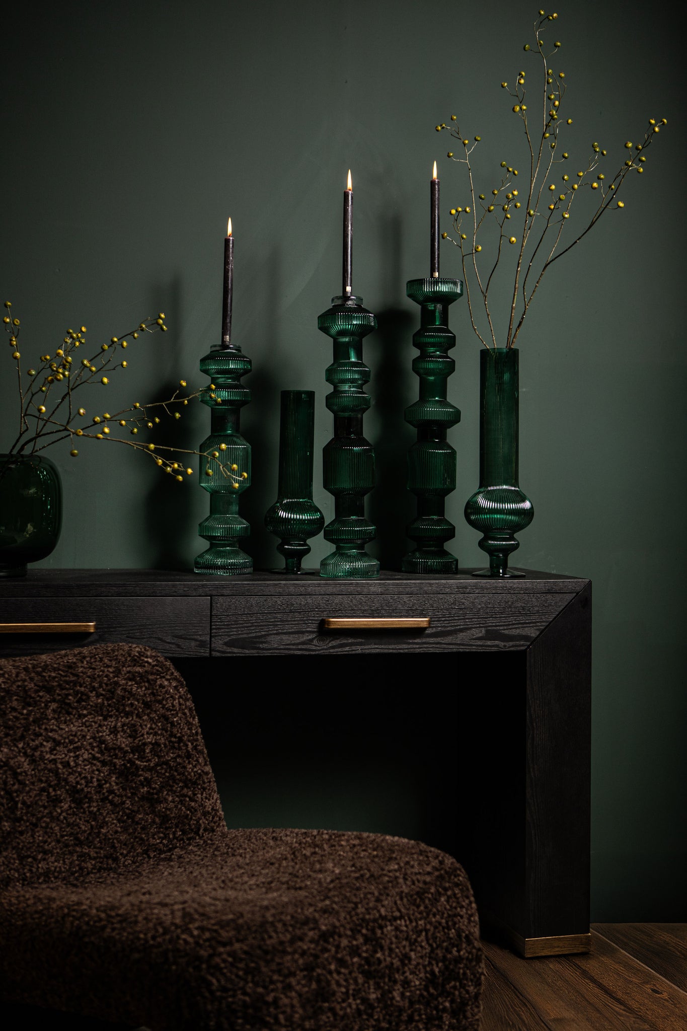 Galinda Dark Green Ribbed Glass Candle Holder S