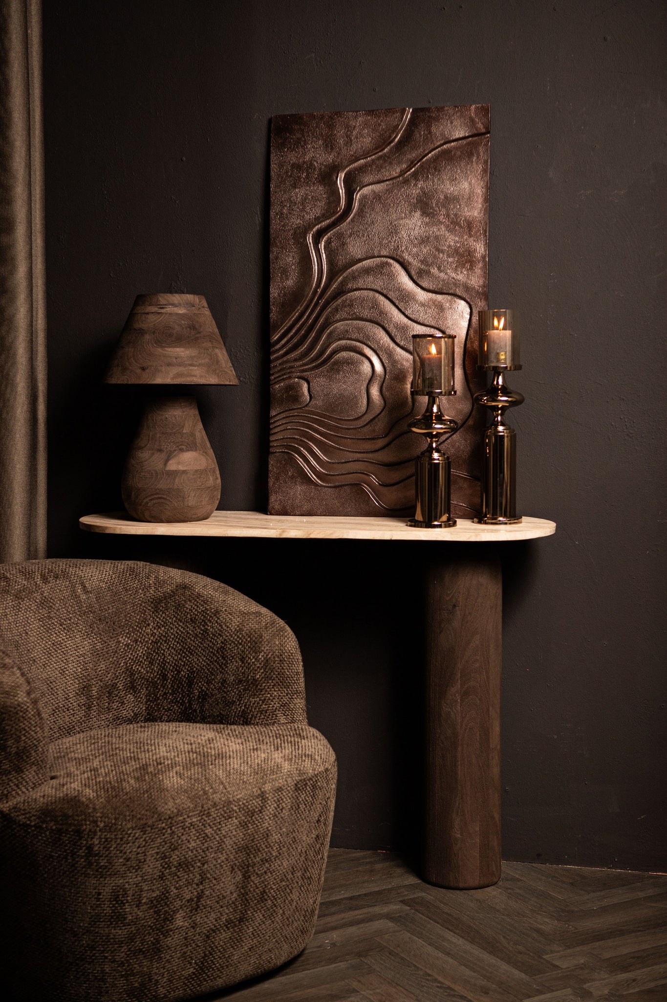 Liora Brown Mango Wood Side Table Marble Top Oval