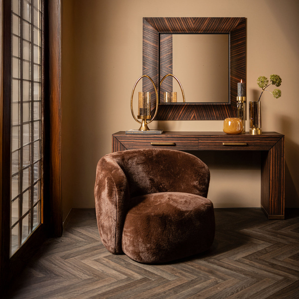 Gezzy Brown Wood Veneer Mirror Curl Frame Square