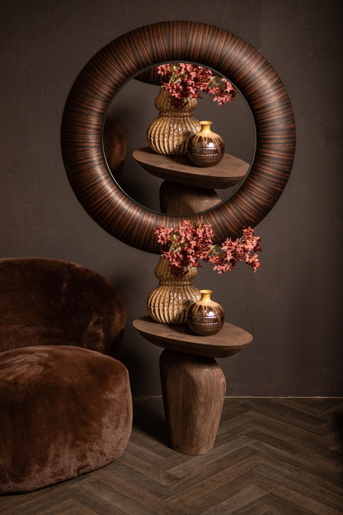 Gezzy Brown Wooden Veneer Mirror Thick Frame Round