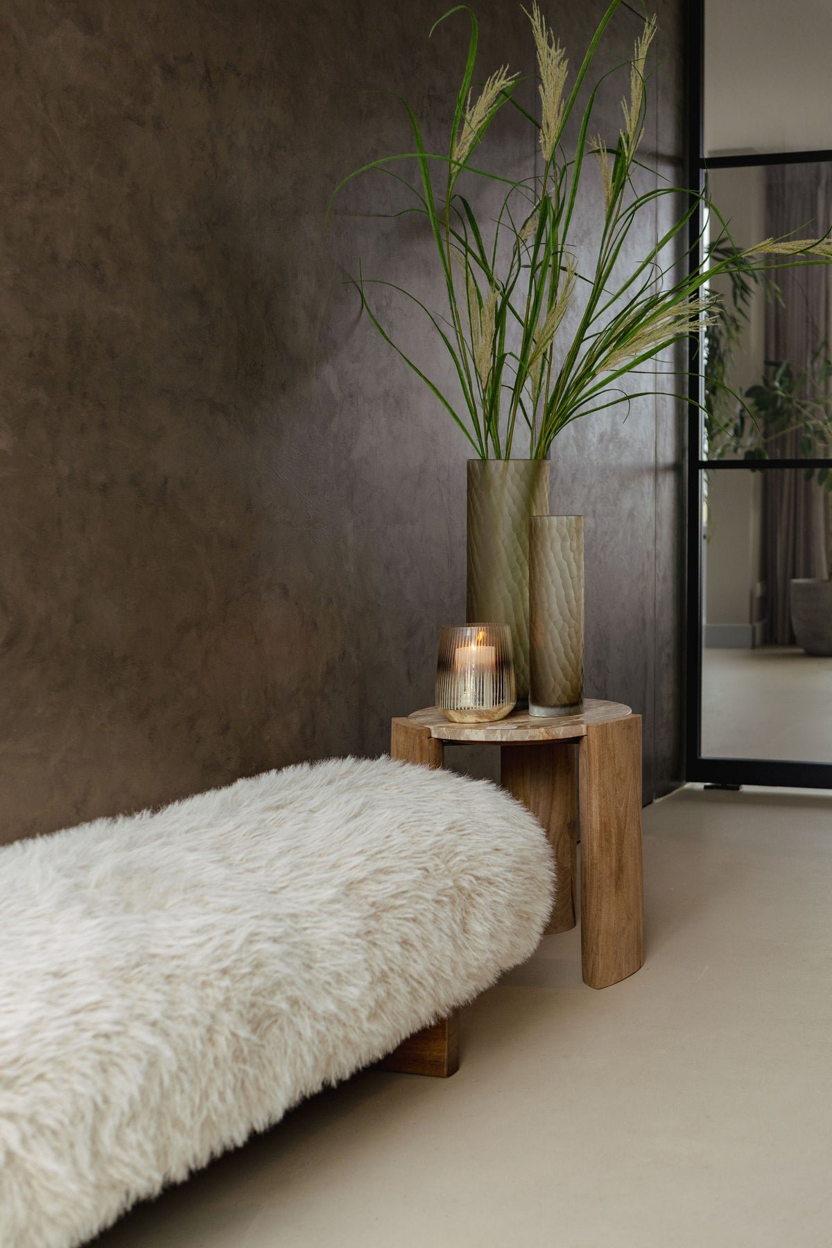 Hair Beige Fabric Bench With Wooden Legs
