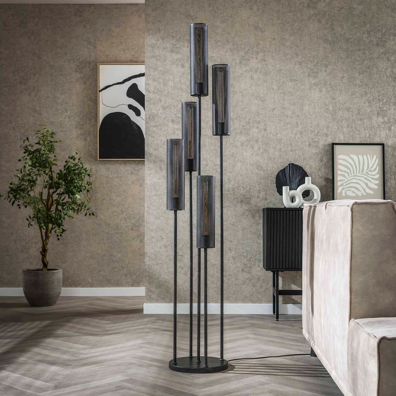 Vloerlamp met 5 Lampen Getrapt Tube Mesh - 32x32x172 cm - Artic Zwart