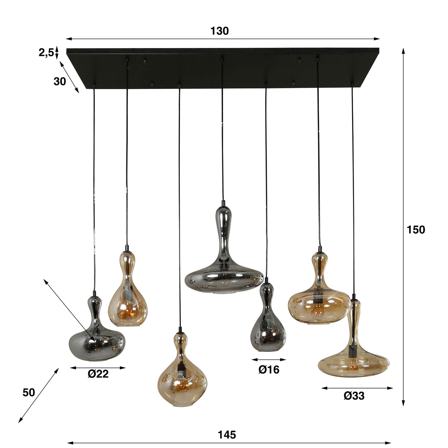 Hanglamp met 7 Lampen karaf - 145x50x150 cm - Artic - Zwart
