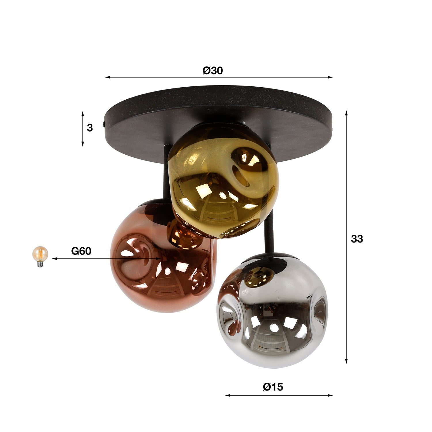Plafondlamp met 3 lampen stellar - 30x30x33 cm - Artic Zwart