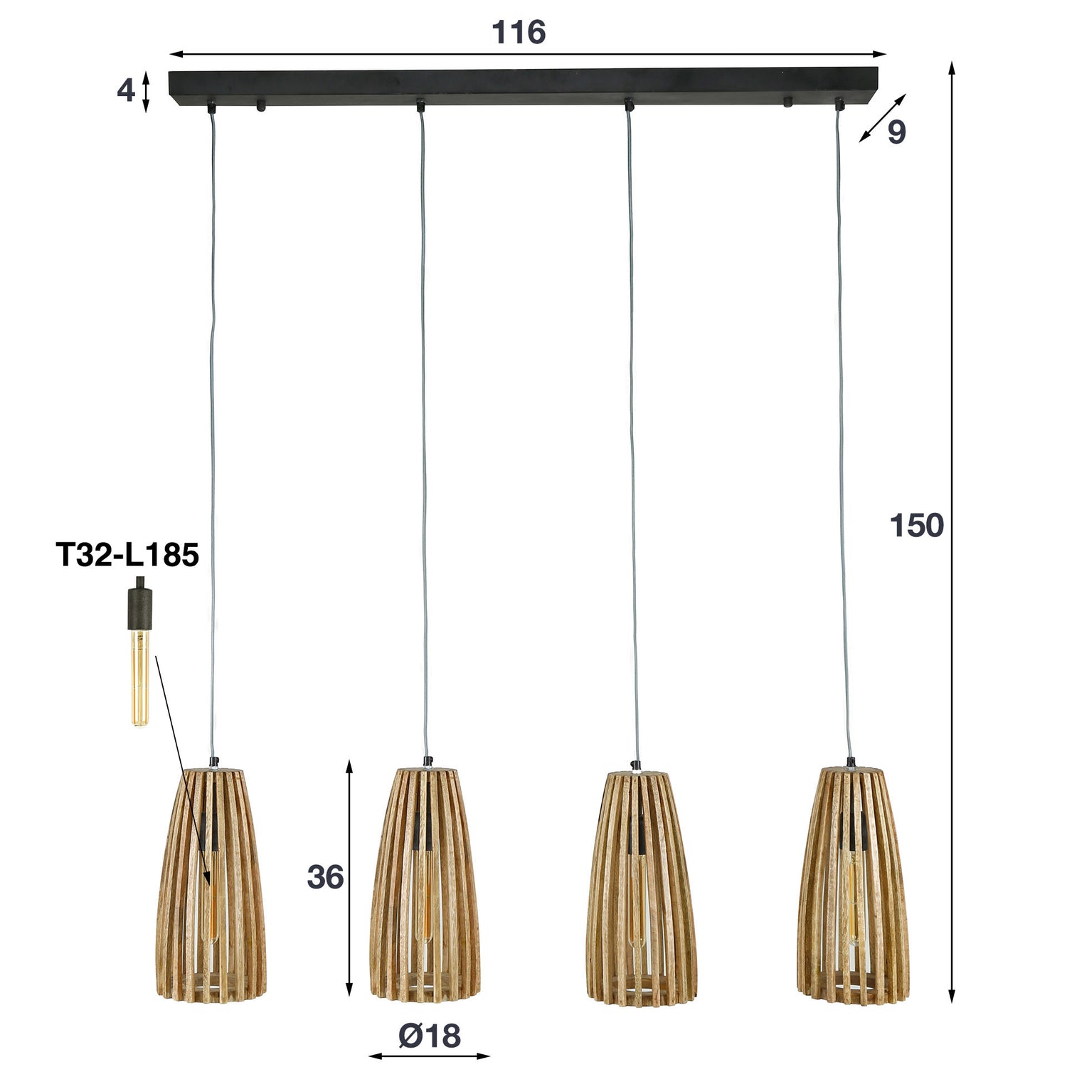 Hanglamp met 4 lamp launch - 135x18x150 cm - Naturel - Mango