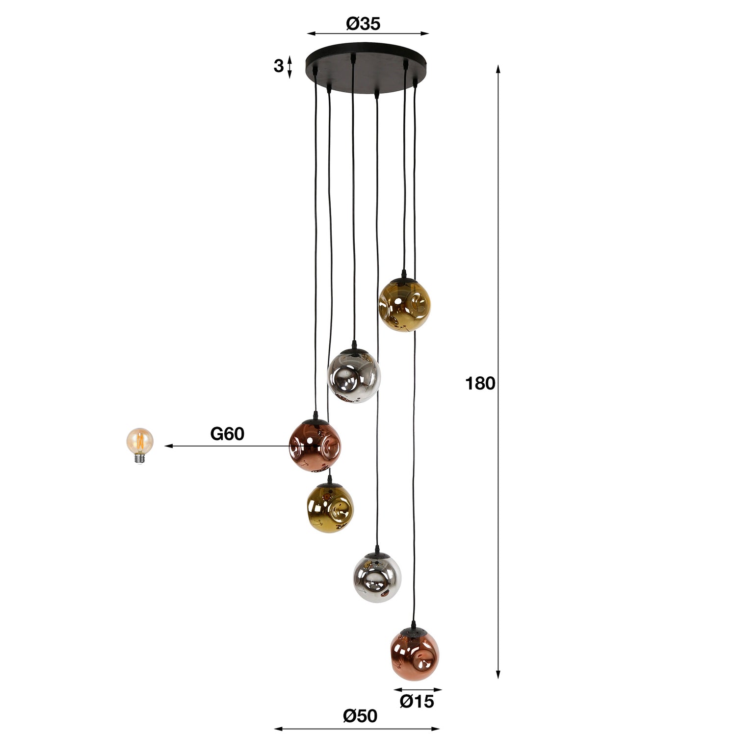 Hanglamp met 6 lampen Stellar - 50x50x180 cm - Artic Zwart