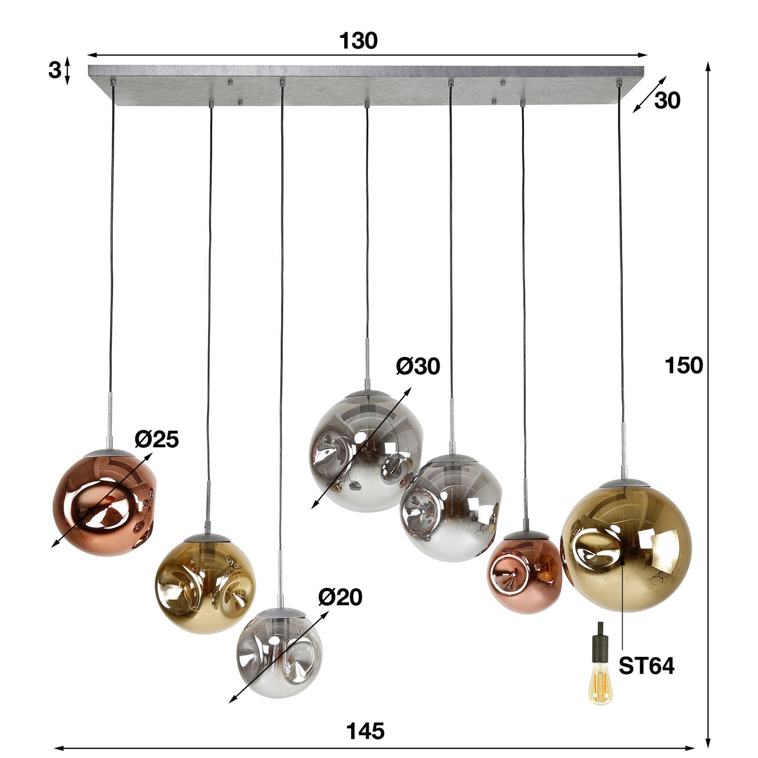Hanglamp met 7 Lampen Stellar - 145x50x150 cm - Oud Zilver