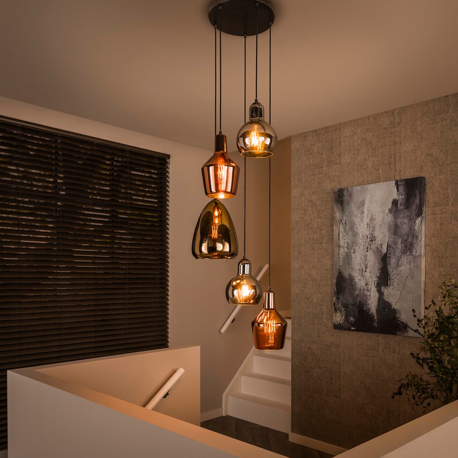 Hanglamp met 5 lampen Mix Glass Tricolore getrapt - 40x40x180 cm - Artic Zwart - Glas