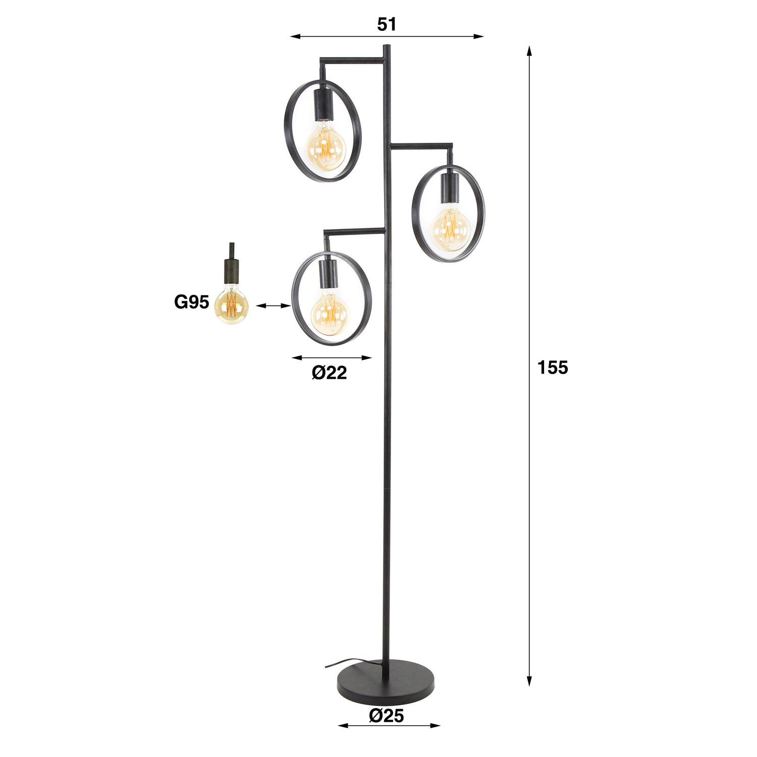 Vloerlamp met 3 lampen Ring - 51x25x155 cm - Charcoal