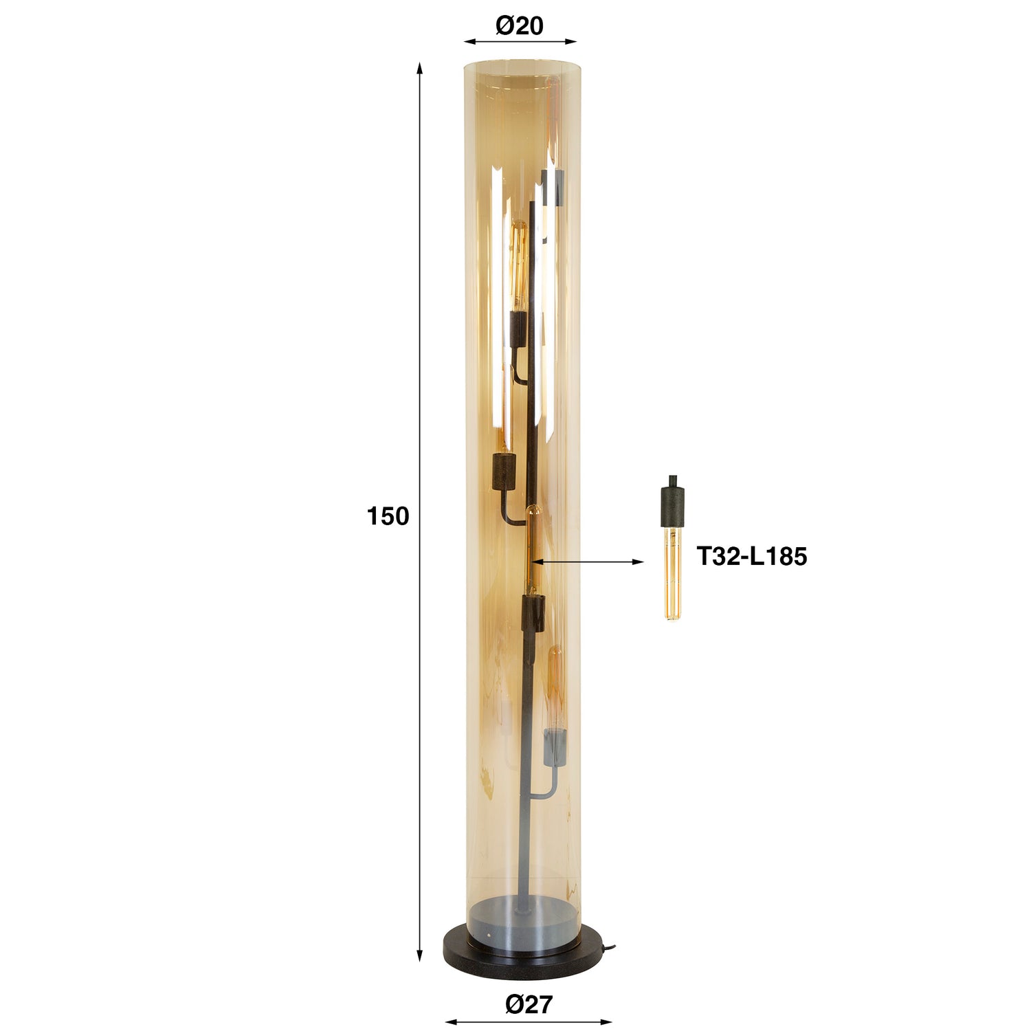 Vloerlamp met 5 Lampen tube amber glas - 20x20x150 cm - Artic Zwart - Glas