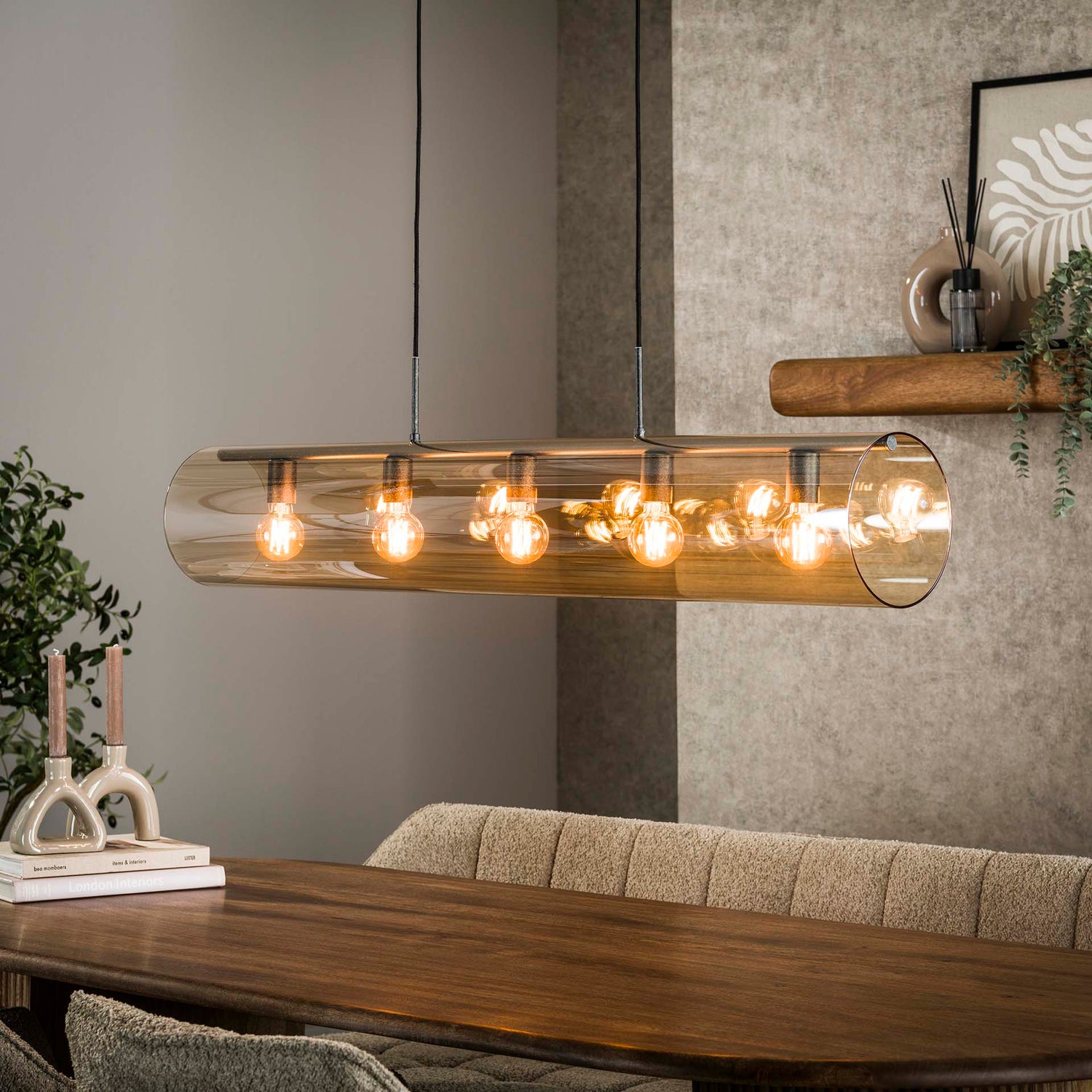 Hanglamp met 5 Lampen Tube Amber - 120x20x150 cm - Artic Zwart - Glas