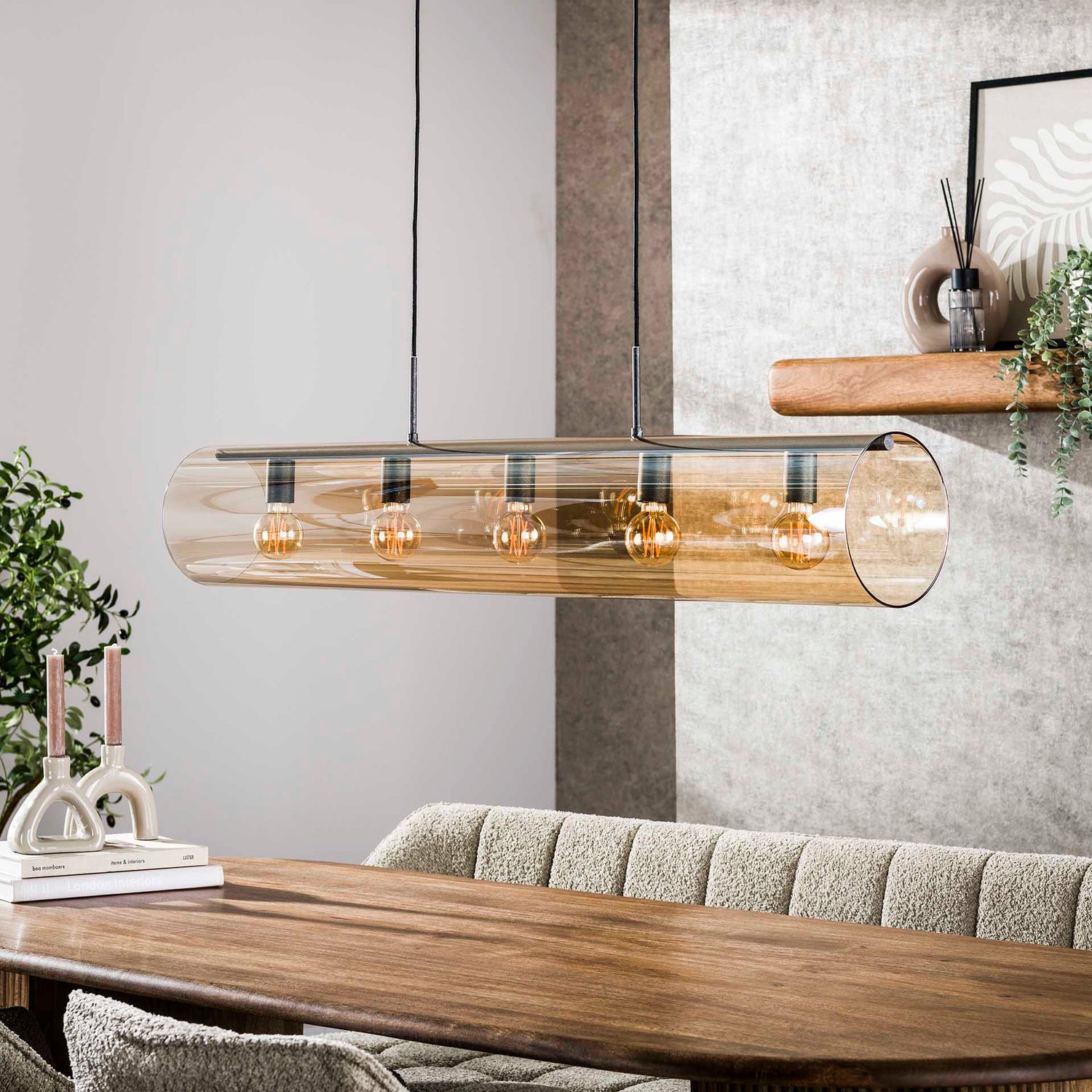 Hanglamp met 5 Lampen Tube Amber - 120x20x150 cm - Artic Zwart - Glas