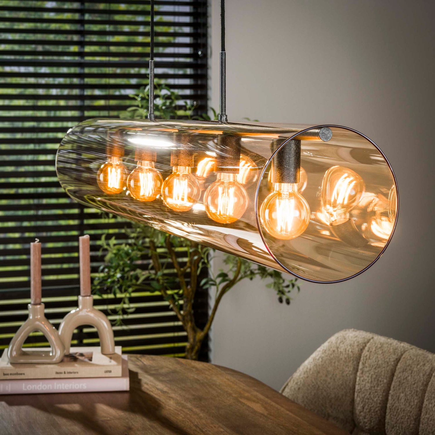Hanglamp met 5 Lampen Tube Amber - 120x20x150 cm - Artic Zwart - Glas