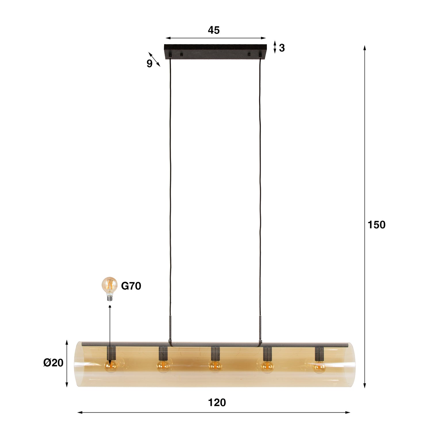Hanglamp met 5 Lampen Tube Amber - 120x20x150 cm - Artic Zwart - Glas