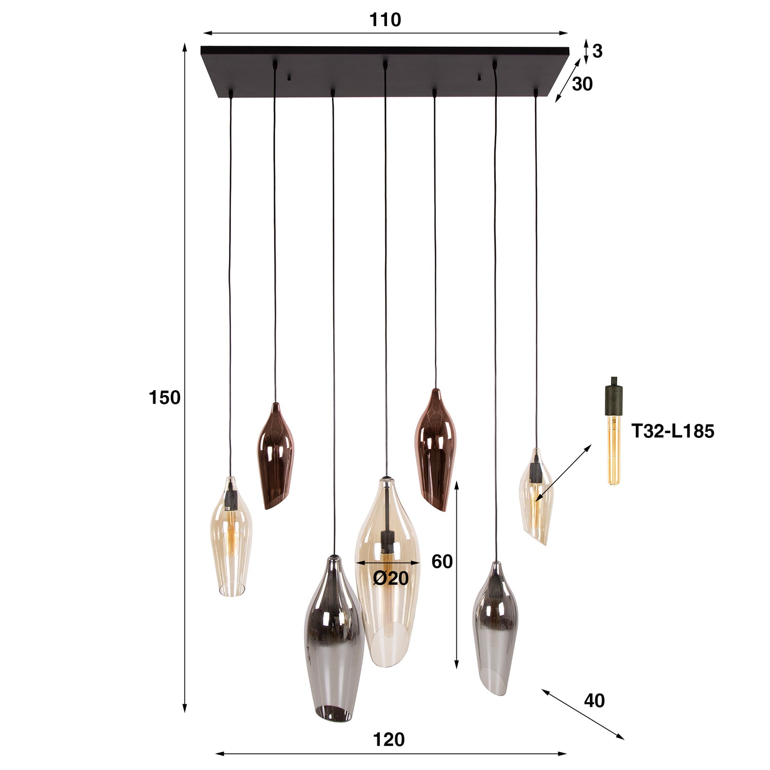 Hanglamp met 7 Lampen Cocoon Mix Glass - 120x40x150 cm - Zwart - Glas