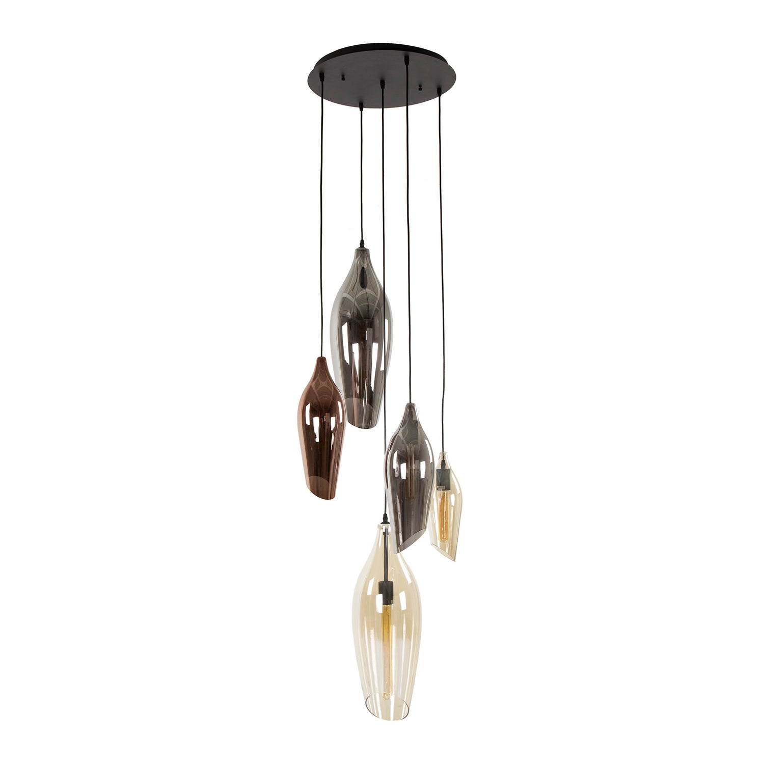 Hanglamp met 5 Lampen getrapt cocoon mix glass - 60x60x180 cm - Zwart - Glas