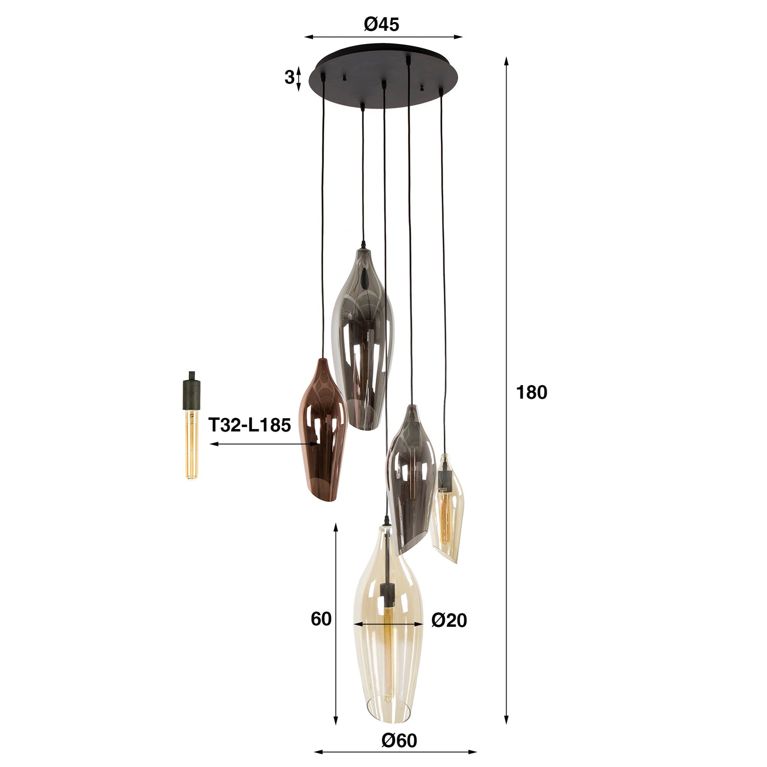 Hanglamp met 5 Lampen getrapt cocoon mix glass - 60x60x180 cm - Zwart - Glas