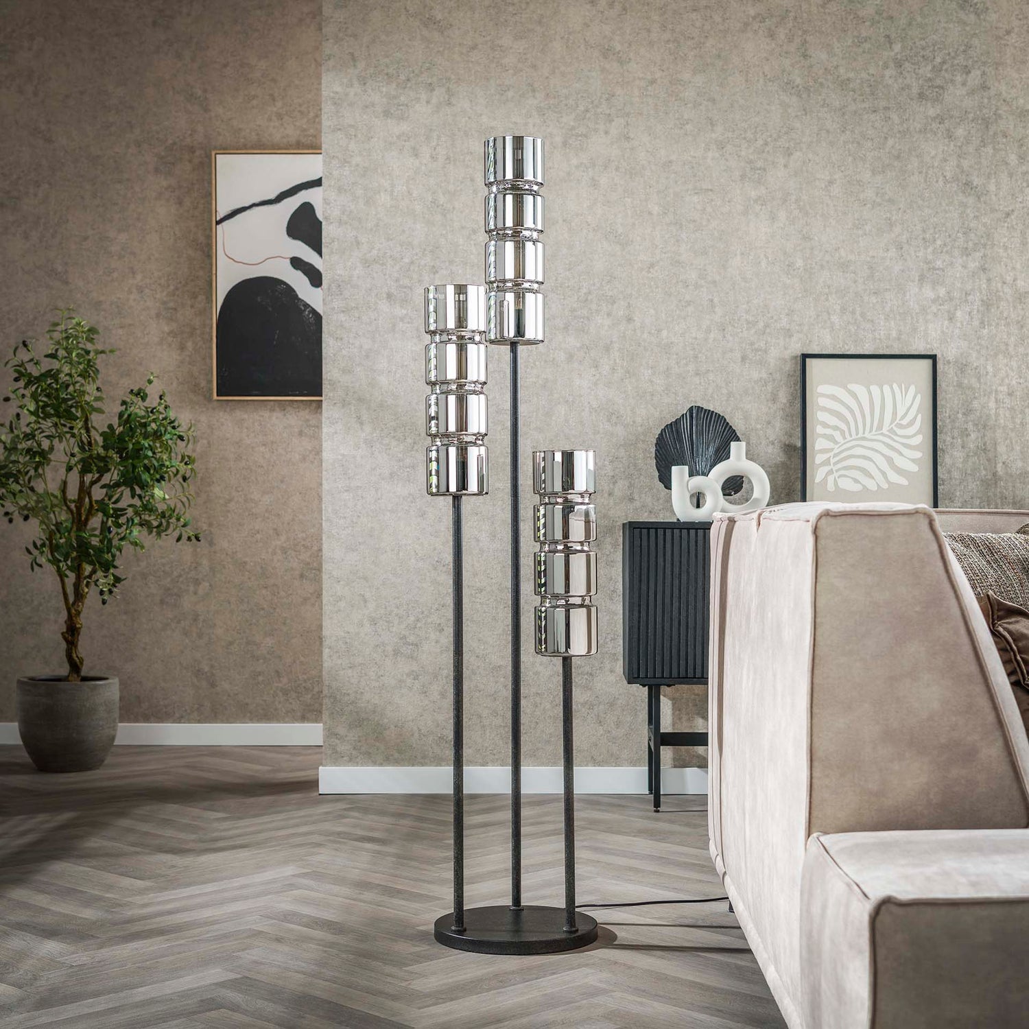 Vloerlamp met 3 lampen getrapt cylinder glas - 32x32x155 cm - Artic Zwart - Glas