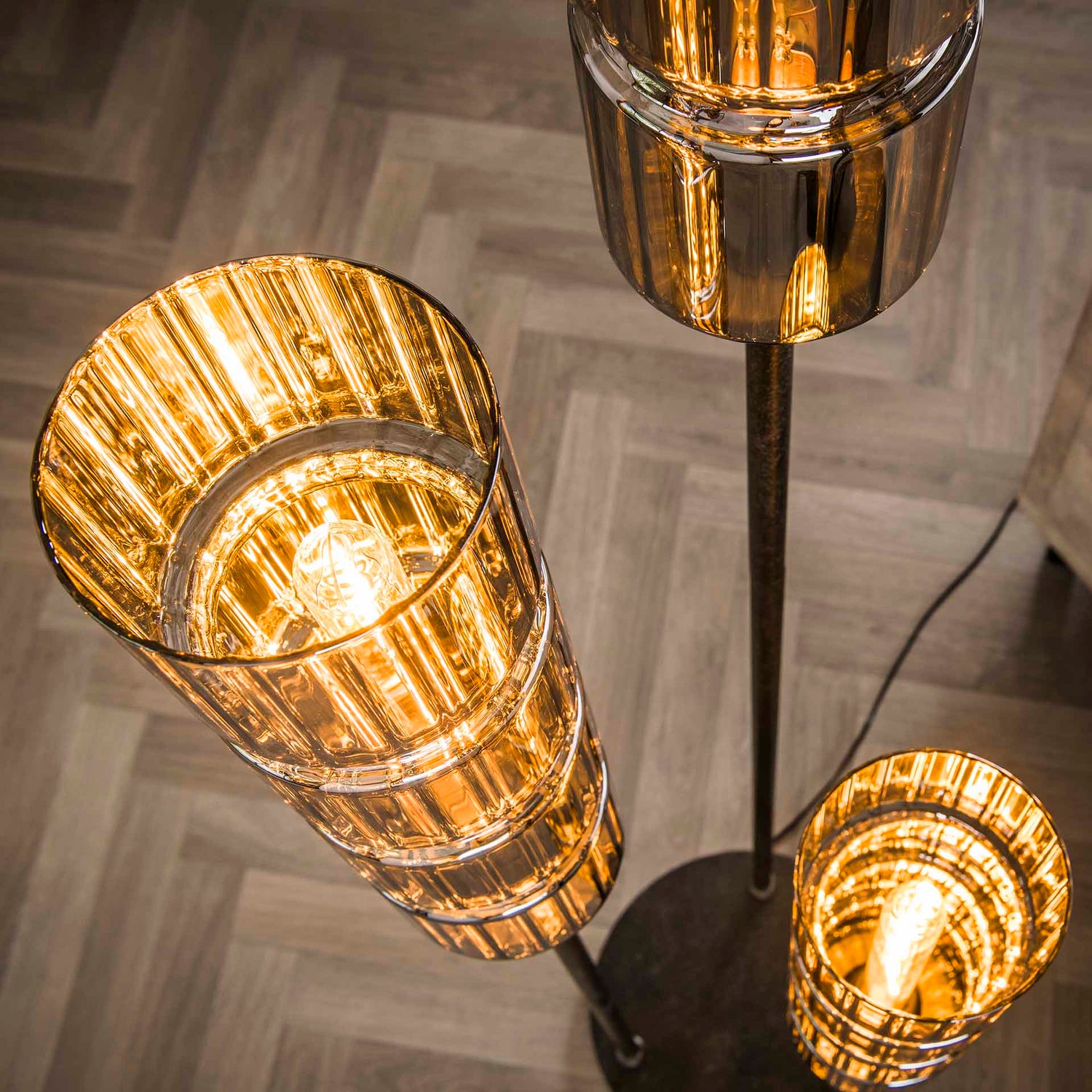 Vloerlamp met 3 lampen getrapt cylinder glas - 32x32x155 cm - Artic Zwart - Glas