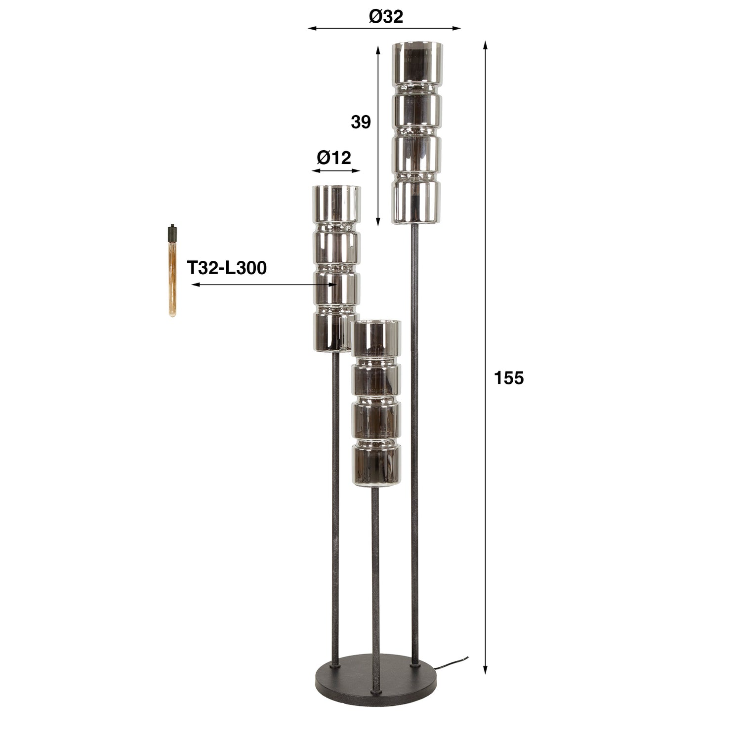 Vloerlamp met 3 lampen getrapt cylinder glas - 32x32x155 cm - Artic Zwart - Glas