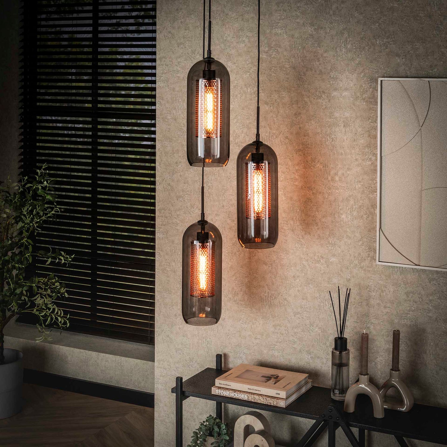 Hanglamp met 3 Lampen Getrapt Smoke Glas - 35x35x180 cm - Artic Zwart - Geperforeerd Staal