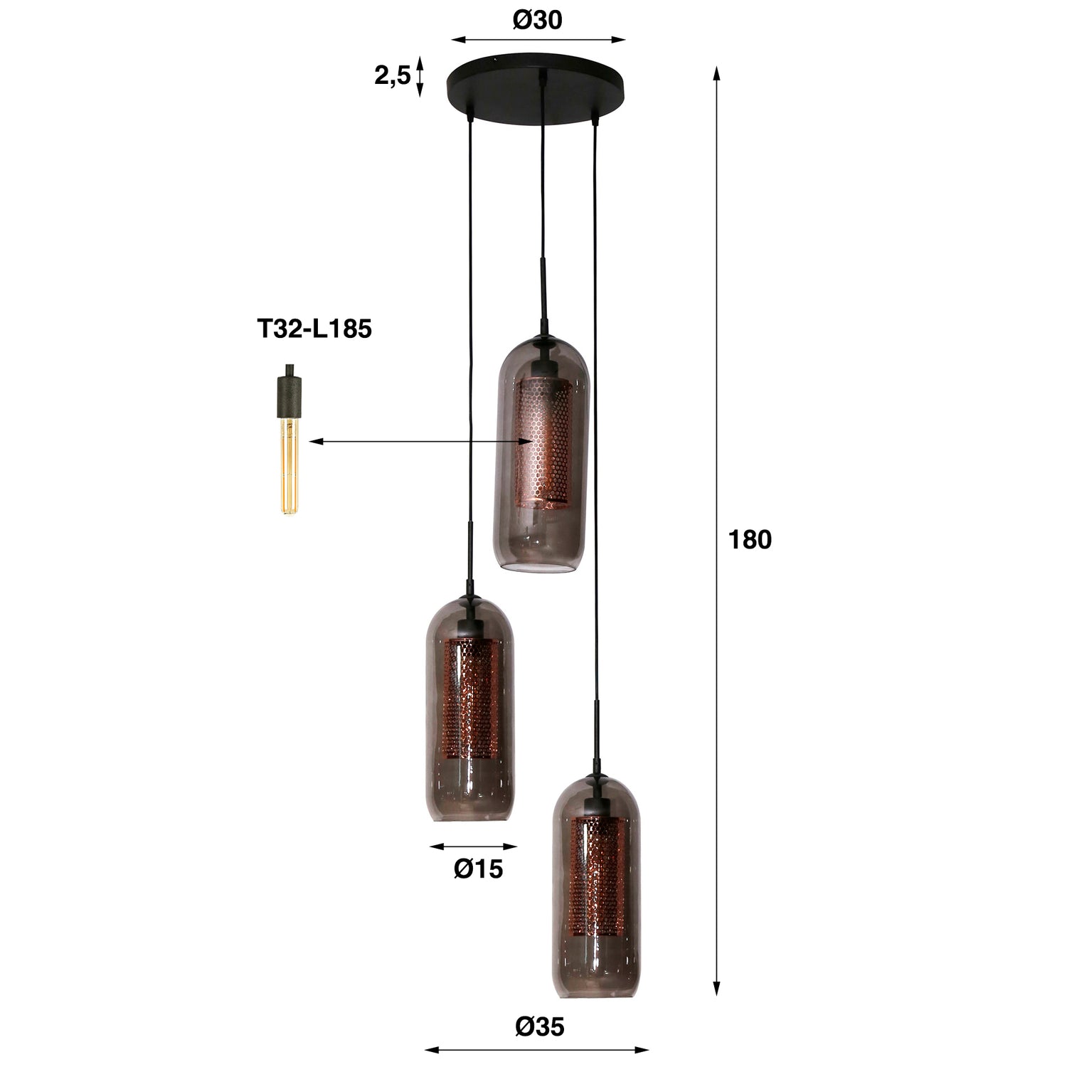 Hanglamp met 3 Lampen Getrapt Smoke Glas - 35x35x180 cm - Artic Zwart - Geperforeerd Staal