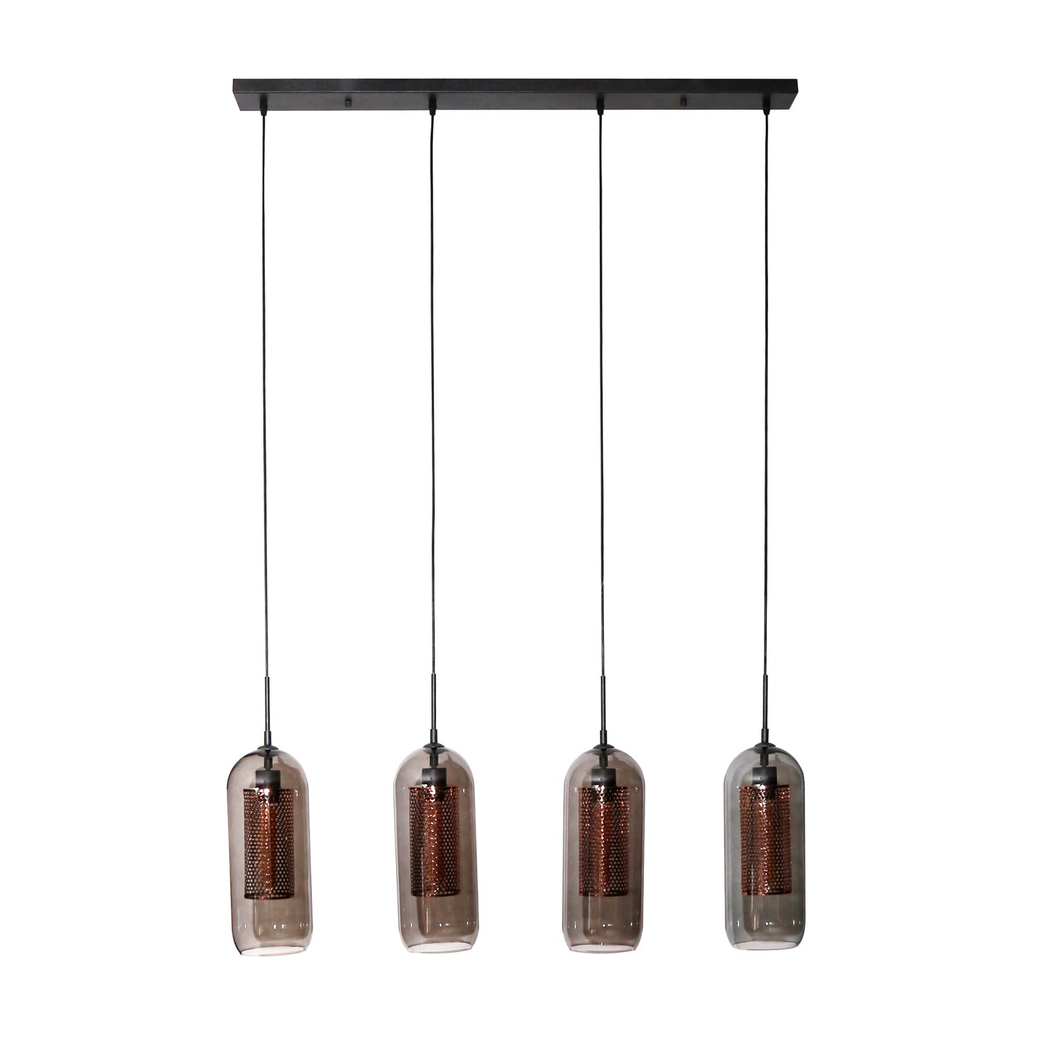 Hanglamp met 4 Lampen Smoke Glas - 105x15x150 cm - Artic Zwart - Geperforeerd Staal