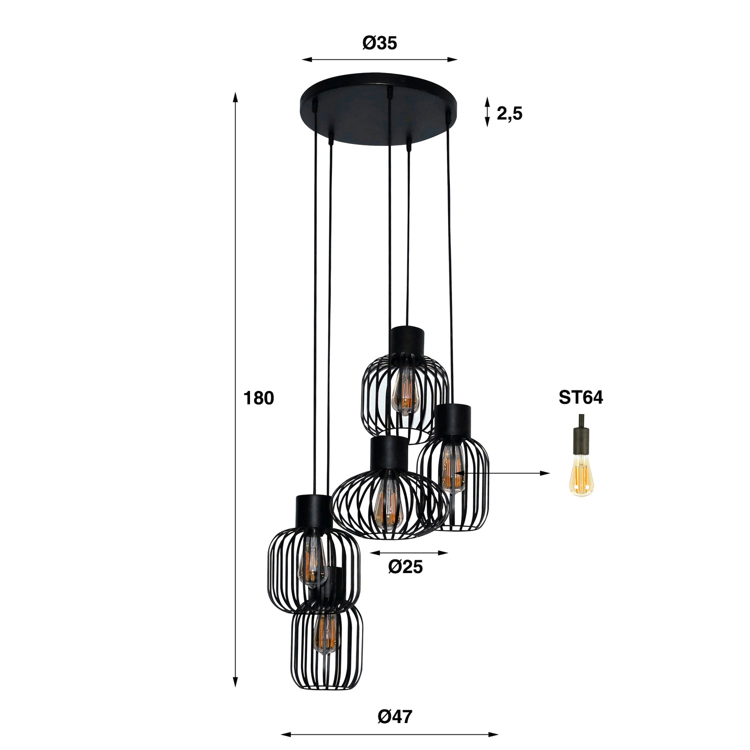 Hanglamp met 5 Lampen Getrapt Mix Metal - 47x47x180 cm - Charcoal - Metal